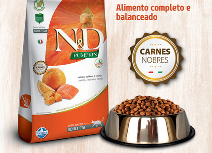 Imagem do produto Ração Seca N&D Pumpkin Salmão para Gatos Adultos, tipo Ração Seca, marca N&D, com tigela de ração.