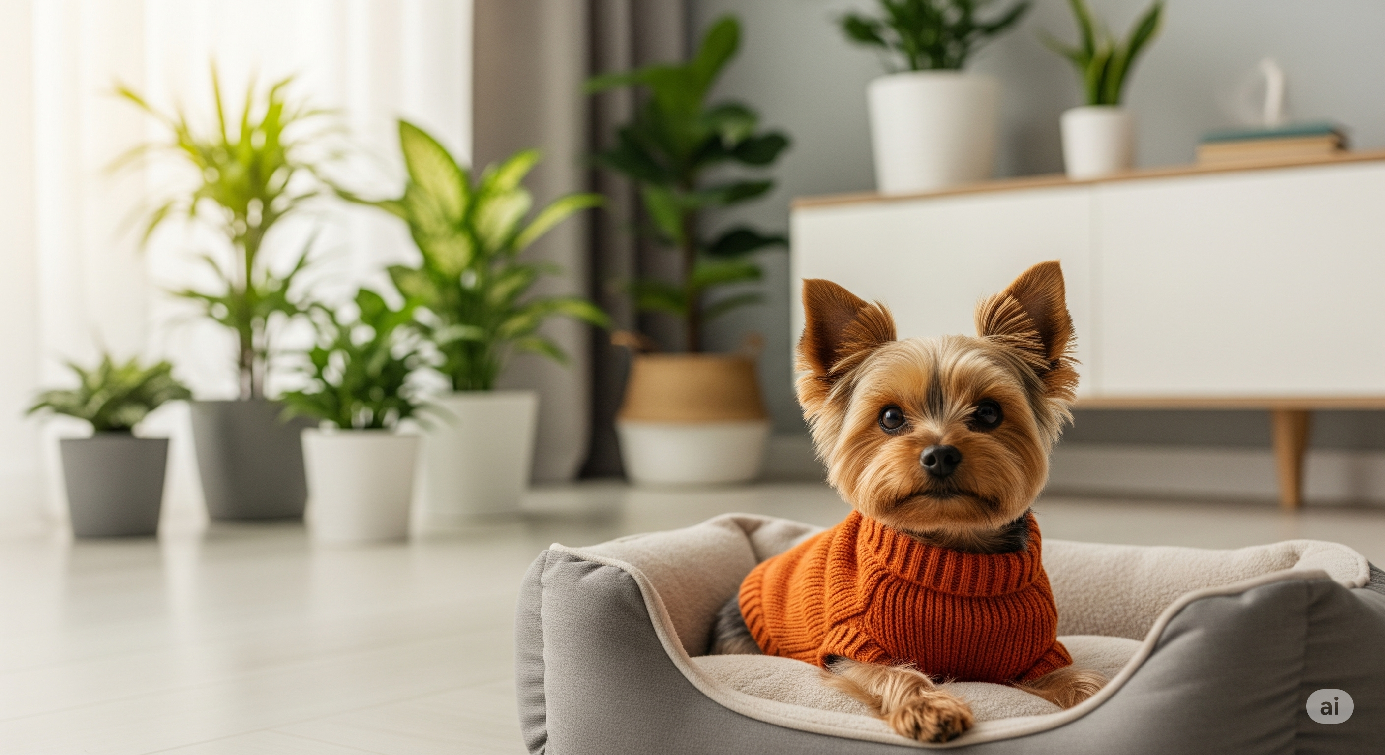 Yorkshire Terrier usando um suéter de lã laranja