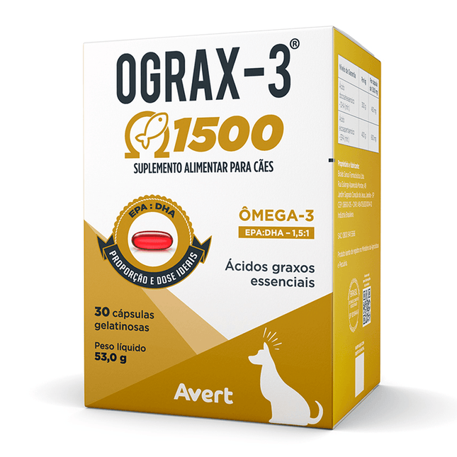 Ograx‑3 1500 mg – Suplemento Ômega‑3 para Cães e Gatos – 30 Cápsulas