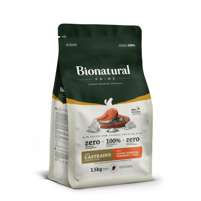 Ração Seca Bionatural Prime Salmão para Gatos Castrados
