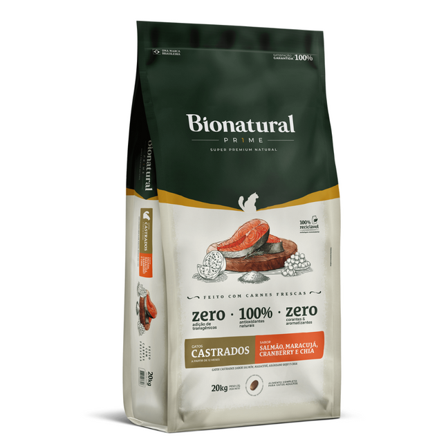 Ração Seca Bionatural Prime Salmão para Gatos Castrados