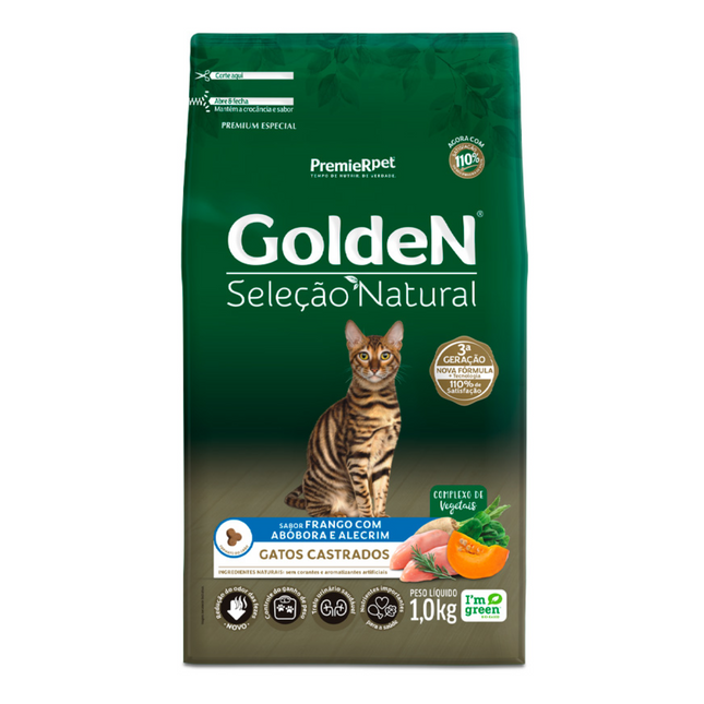 Ração Seca Golden Seleção Natural Frango e Abóbora para Gatos Adultos Castrados