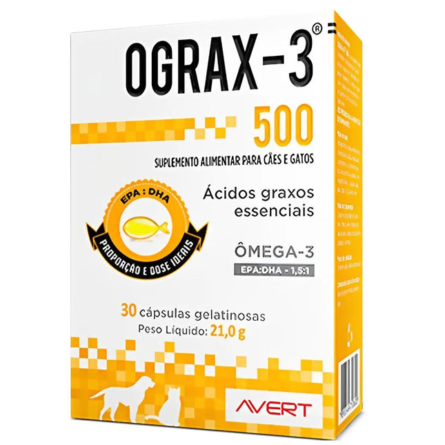 Ograx‑3 500 mg – Suplemento Ômega‑3 para Cães e Gatos – 30 Cápsulas