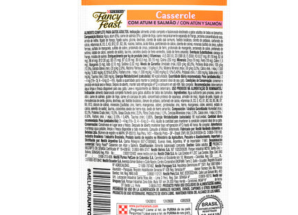 Imagem do verso da embalagem do produto Ração Úmida Fancy Feast Casserole Atum e Salmão para Gatos, mostrando informações detalhadas.