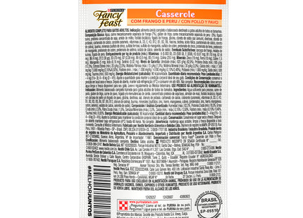Imagem do verso do produto Ração Úmida Fancy Feast Frango e Peru para Gatos, mostrando informações nutricionais.