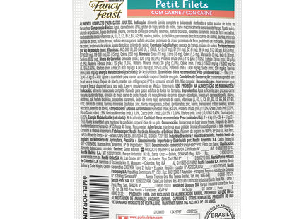 Imagem do verso do produto Ração Úmida Fancy Feast Petit Filet para Gatos, mostrando detalhes do rótulo.