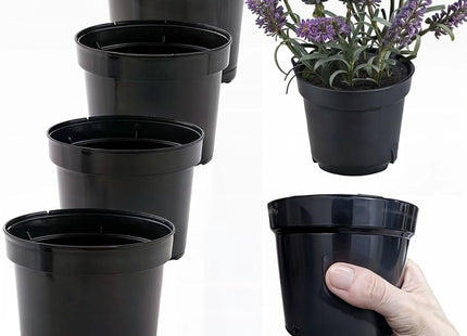 Imagem de vários vasos pretos para plantas, com uma planta em um deles.