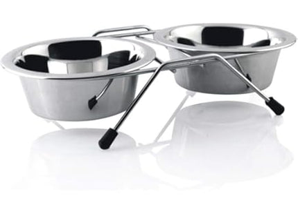 Comedouro duplo de inox com suporte, adequado para cães e gatos.