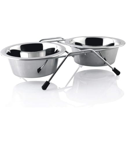 Comedouro duplo de inox com suporte, adequado para cães e gatos.
