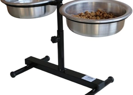 Comedouro duplo de inox com suporte ajustável, adequado para cães e gatos.