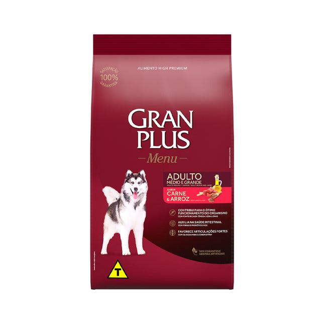 Imagem do produto Ração Seca Granplus Carne e Arroz para Cachorros Adultos de Porte Médio, tipo Ração Seca, marca Granplus.