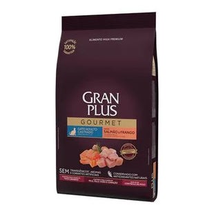 Imagem lateral do produto Ração Seca Granplus Gourmet Salmão e Frango para Gatos Castrados, tipo Ração Seca, marca Granplus.