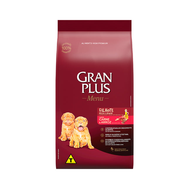 Imagem do produto Ração Seca Granplus Menu Carne e Arroz para Cachorros Filhotes de Porte Médio e Grande, tipo Ração Seca, marca Granplus.