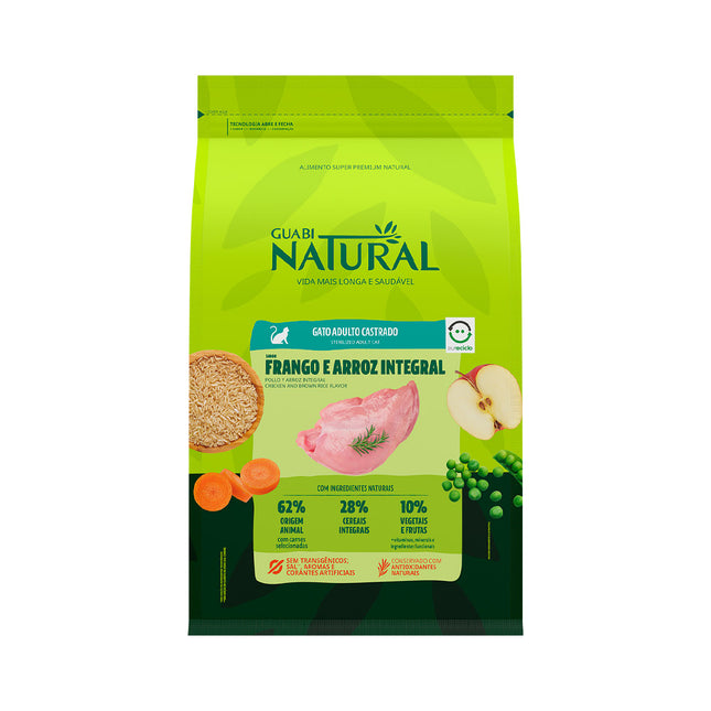 Imagem do produto Ração Seca Guabi Natural Frango e Arroz para Gatos Castrados, tipo Ração Seca, marca Guabi Natural.