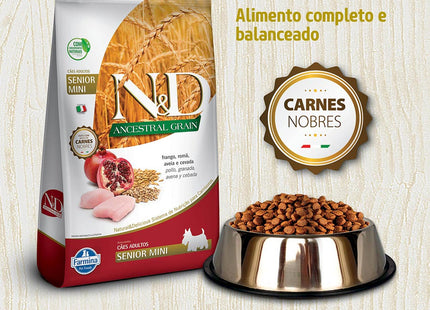 Imagem do produto Ração Seca N&D Ancestral Frango para Cachorros Sênior de Porte Pequeno, tipo Ração Seca, marca N&D, com tigela de ração ao lado.