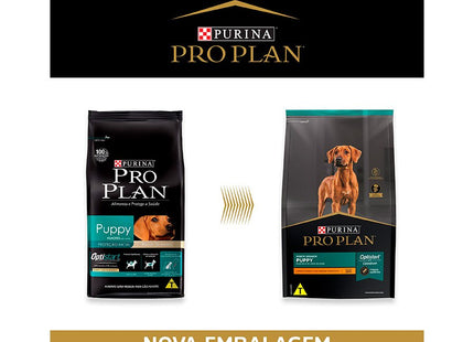 Imagem mostrando a nova embalagem da Ração Seca Pro Plan Optistart para Cachorros Filhotes de Raças Grandes, marca Pro Plan.