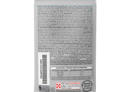 Verso da embalagem da Ração Úmida Pro Plan Sterilized Frango para Gatos Castrados, mostrando informações nutricionais.