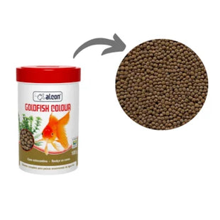 Imagem do produto Ração Alcon Gold Fisch Colour para Peixes, tipo Ração, marca Alcon, com detalhe dos grânulos.