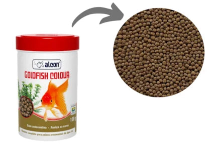 Imagem do produto Ração Alcon Gold Fisch Colours para Peixes, tipo Ração, marca Alcon, com detalhe dos grânulos.