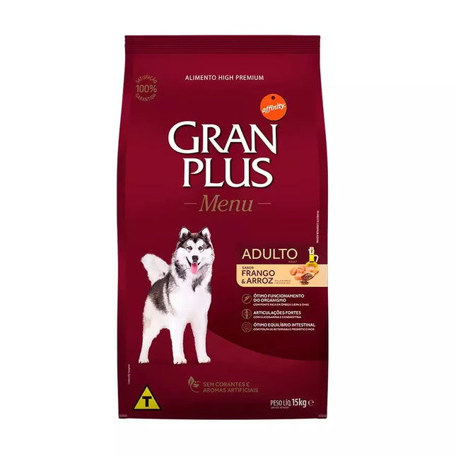 Ração GranPlus Menu Adultos 15 kg – Carne e Arroz / Frango e Arroz