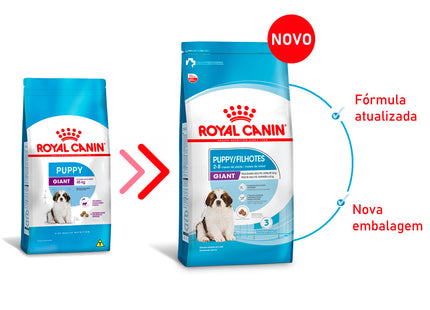 Imagem comparativa de embalagens antigas e novas do produto Ração Seca Royal Canin Giant para Cachorros Filhotes de Porte Gigante.