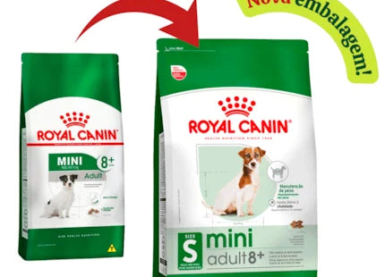 Imagem do produto Ração Seca Royal Canin Mini Adulto 8+ para Cachorros de Porte Pequeno, tipo Ração Seca, marca Royal Canin, com indicação de nova embalagem.