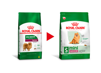 Imagem da nova embalagem do produto Ração Seca Royal Canin Mini Indoor para Cachorros Sênior de Porte Pequeno, tipo Ração Seca, marca Royal Canin.