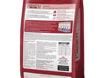 Imagem do verso da embalagem da Ração Seca Royal Canin Premium para Gatos Adultos Castrados.