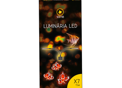 Embalagem da Luminária Led Soma X7 15W para Peixes Ornamentais, tipo Aquário, marca Soma.