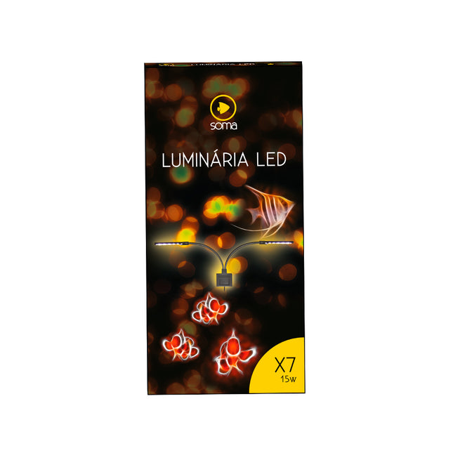Embalagem da Luminária Led Soma X7 15W para Peixes Ornamentais, tipo Aquário, marca Soma.