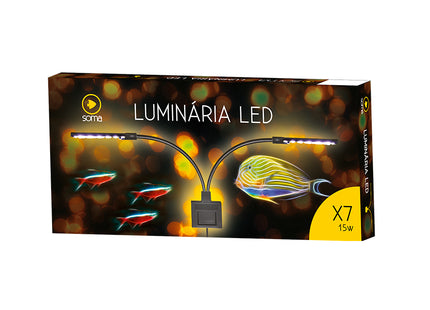 Embalagem da Luminária Led Soma X7 15W para Peixes Ornamentais, tipo Aquário, marca Soma.